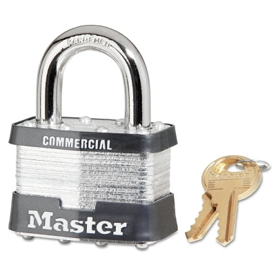No. 5 Laminated Steel Padlock, 3/8 in dia x 15/16 in W x 1 in H Shackle, Silver/Gray, Keyed Alike, Keyed A445