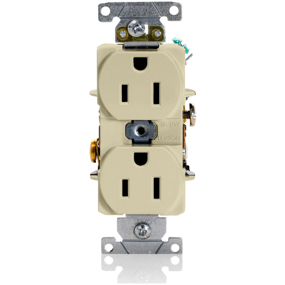 Straight Blade Duplex Receptacle, 15A, 125V, 2P3W, NEMA 5-15R, Self-Grounding, Back and Side 8-Hole Feed-Thru Wired, Ivory
