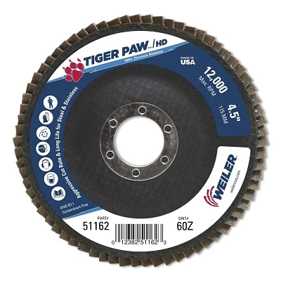 Tiger Paw Super High Density Flap Disc, 4-1/2 in dia, 60 Grit, 7/8 in Arbor, 12000 RPM, Type 27 Flat