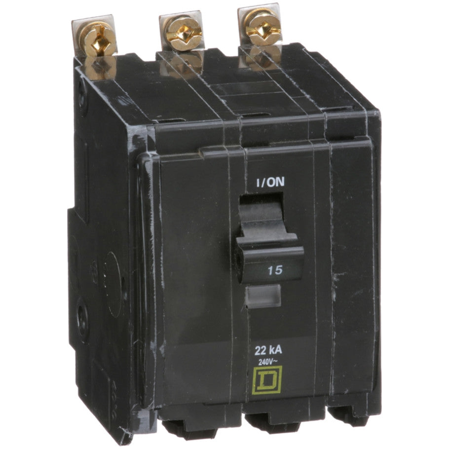 QOB Miniature Circuit Breaker, High Interrupting Capacity, Bolt On, 3 Pole, 15A, 240 Vac, 22kA