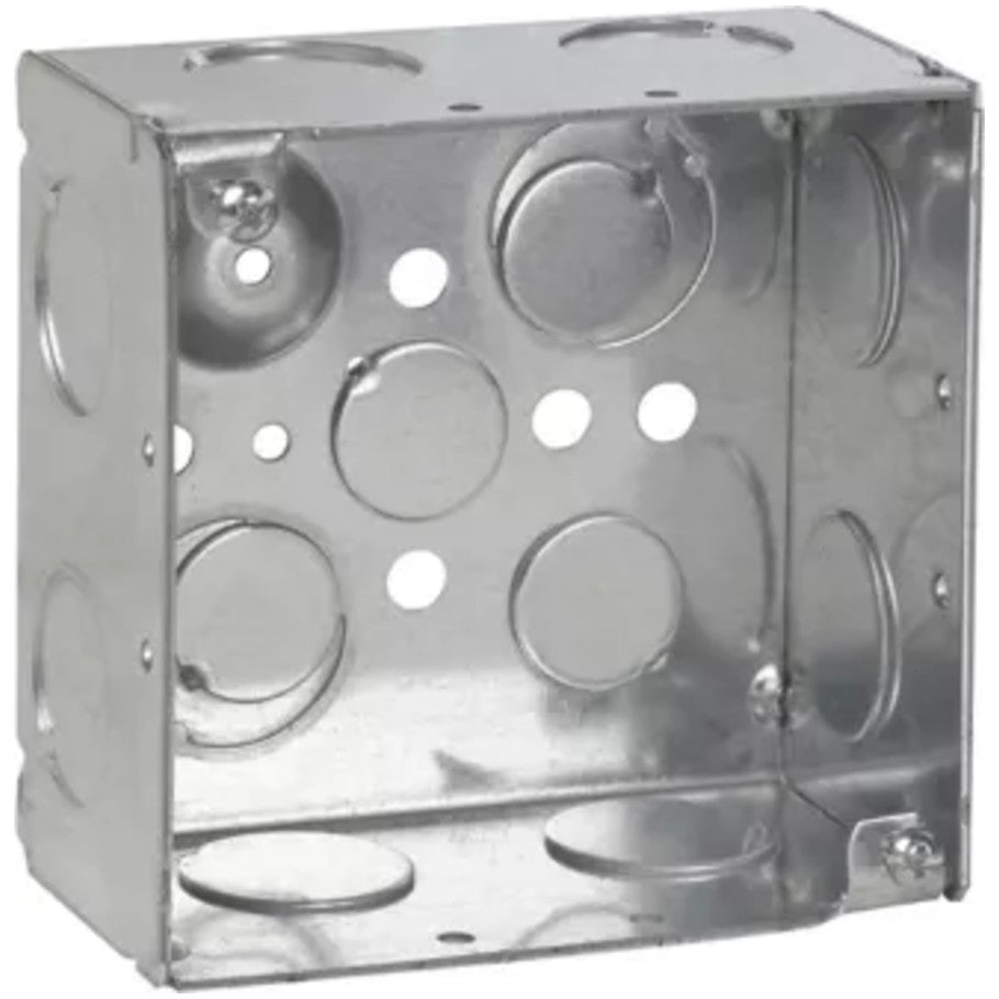 4 Square Box, Steel, Welded, 2-1/8 in. D, (8) 3/4 in. Side KO, (2) 1/2   (2) 1/2 3/4 in. E Bottom KO