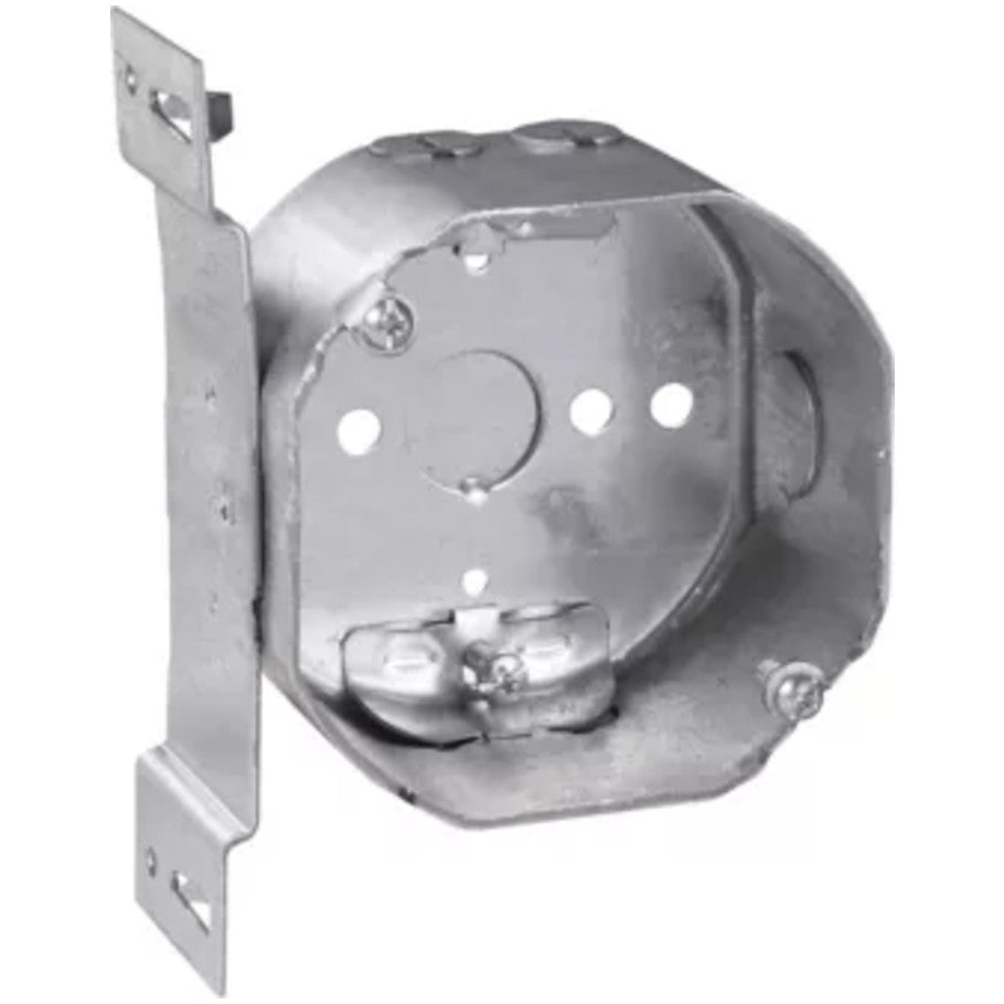 Octagon 4in. Dia. Outlet Box, Fixture Rated, 2-1/8 in. D, (4) Cable Clamps, (1) 1/2in. Side KO, (1) 1/2in. Bottom KO, S Bracket