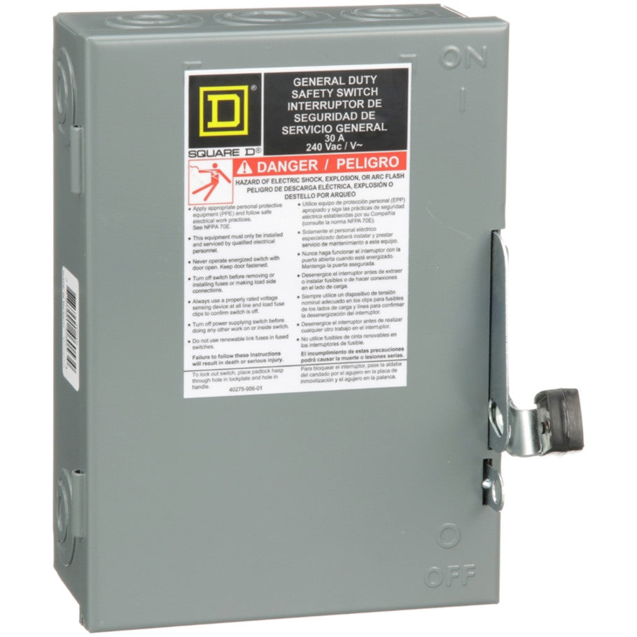General Duty Safety Switch, Fusible, 30A, 2 pole, 7.5hp, 240VAC, NEMA 1, Neutral Factory Installed