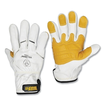 TIG TrueFit Welding Gloves, 1493, Prem Top Gr Goatskin Palm/BOH w/FR DuPont Kevlar Ins/Cuff, Lg, Pearl/Gold, Shirred Cuff