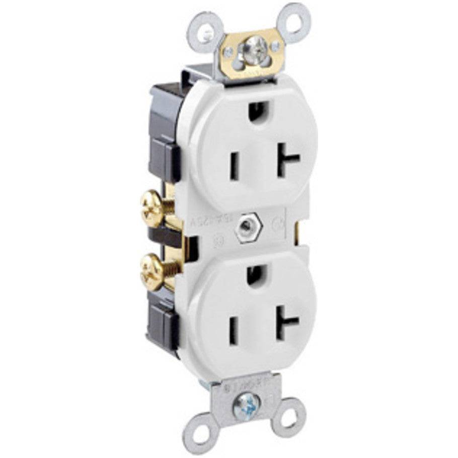 Straight Blade Duplex Receptacle, Commercial Grade, Narrow Body, Self-Grounding, Side Wired, 20A, 125V, 2P3W, NEMA 5-20R, White