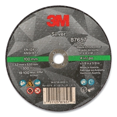 3M 051125-87657 Silver Cut-Off Wheel, Precision Shaped Ceramic, 4 in dia, 0.375 in arbor, 36 Grit, Center Hole Mounting