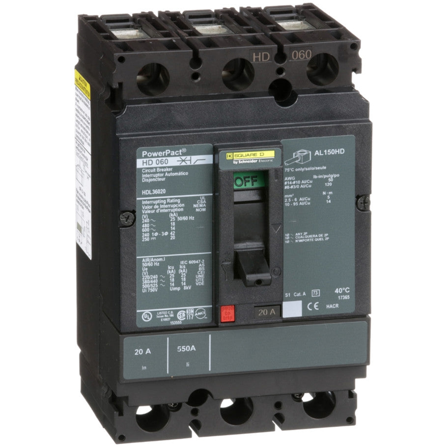 PowerPact Molded Case Circuit Breaker, H-Frame, Unit Mount, 14 kA, 600V, 3-Pole, 20A