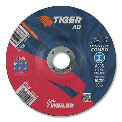 Tiger AO Type 27 Cut/Grind Combo Wheel, 6 in dia x 1/8 in Thick, 7/8 in dia Arbor, A30S