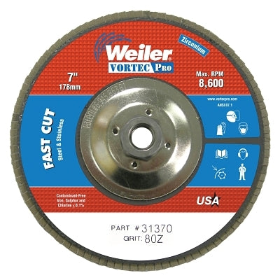 Vortec Pro Abrasive Flap Discs, 7", 80 Grit, 5/8 Arbor, 8,600 rpm, Phenolic