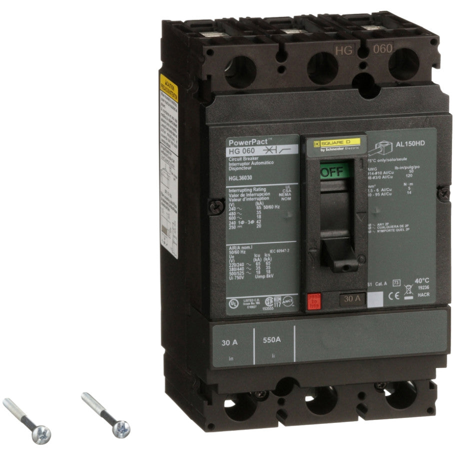 PowerPact Molded Case Circuit Breaker, H-Frame, Unit Mount, 18 kA, 600V, 3-Pole, 30A