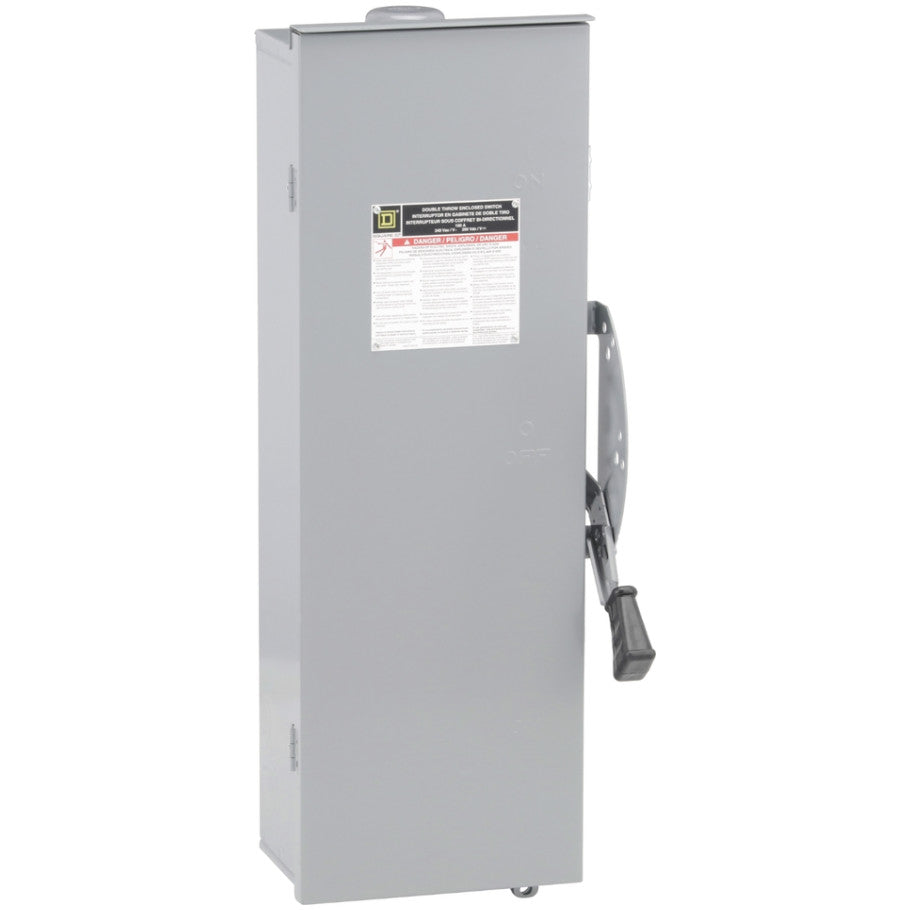 Safety switch, double throw, non fusible, 100A, 240 VAC/250 VDC, 2 poles, 20 hp, NEMA 3R, bolt on provision