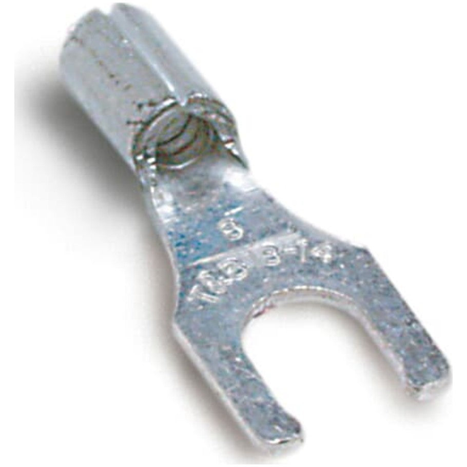 Non-Insulated Locking Fork Terminal, Length .85 Inches, Bolt Hole  10, Wire Range  12- 10 AWG, Copper, Tin Plated