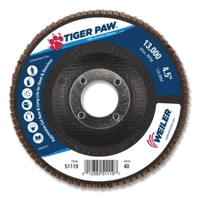 Tiger Paw TY29 Coated Abrasive Flap Disc, 4-1/2 in dia, 40 Grit, 7/8 Arbor, 13000 rpm