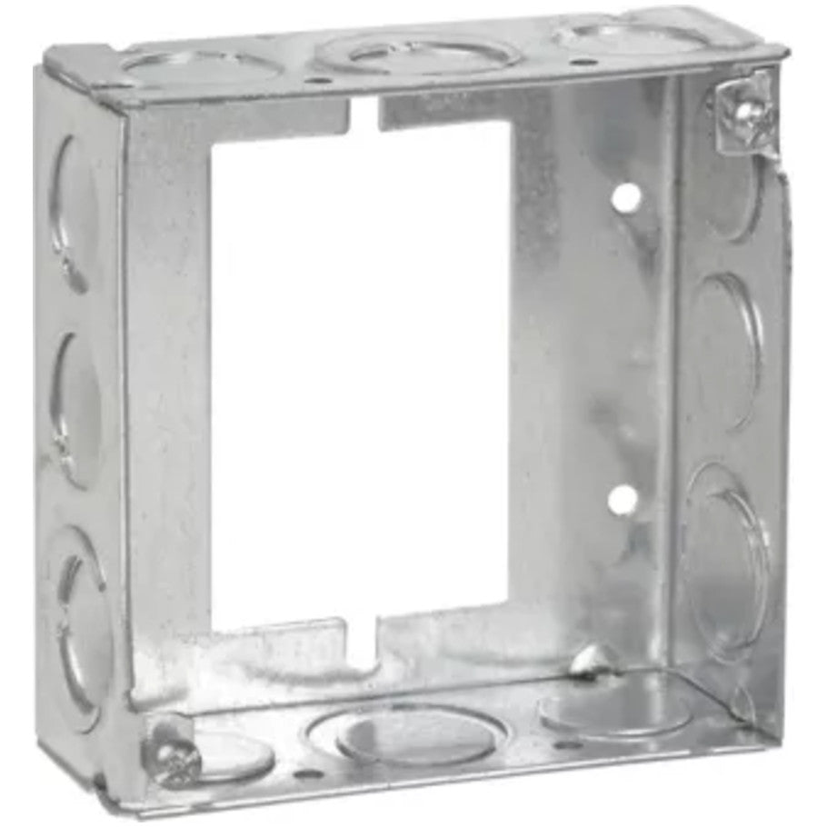 4 in. Square Box Extension Ring, Steel, 1-1/2 in. Deep, (8) 1/2 in. Standard-(4) 1/2 and 3/4 in. Eccentric Side Knockouts