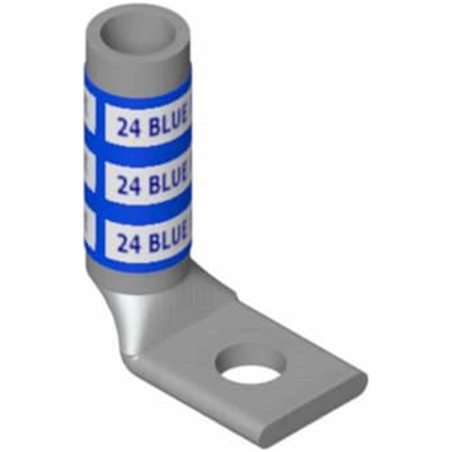 Copper One-Hole Lug, 90 Degree Long  Barrel, Wire Size 1 AWG, 3/8 Inch Bolt Size, Tin Plated, Die Code 37, Die Color Code Green