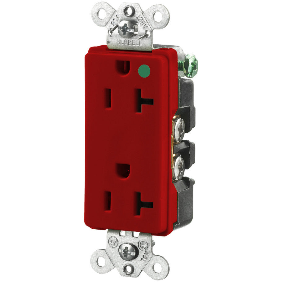 StyleLine Straight Blade Duplex Receptacle, Hospital Grade, 20A, 125V, 2P3W, Back and Side Wired, Red