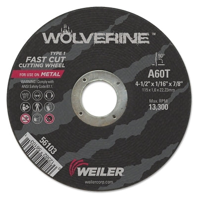 Wolverine Cut-Off Wheel, Type 1, AO, 4-1/2 in dia x 7/8 in AH x 1/16 in Thick, 60T, 1 EA/EA