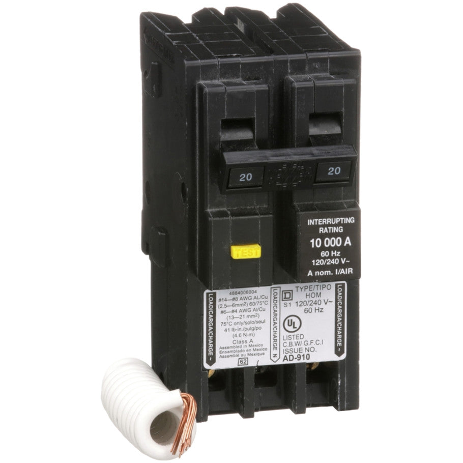 Mini circuit breaker, Homeline, 20A, 2 pole, 120/240VAC, 10kA AIR, ground fault class A, plug in, UL  TAA