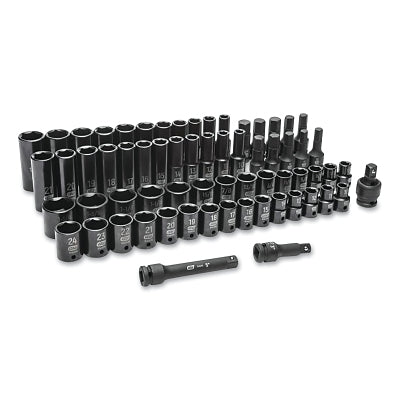 Impact Socket Set, 1/2 in Dr, 6-point, SAE/Metric, 7/16 in to 10mm, 65-Pc Deep/Standard Lengths, Incl Blow Mold Case