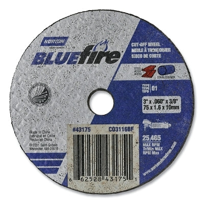 Type 01 BlueFire RightCut Cut-Off Wheel, 3 in dia, 3/8 in arbor, 1/16 Thick, 46 Grit, Zirconia Alumina