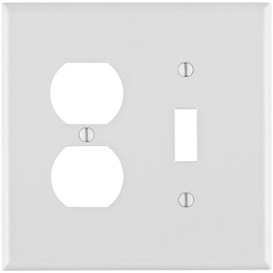 Wall Plate, Midsized, 2-Gang, (1) Duplex Receptacle (1) Toggle Switch, Device-Mount, Nylon, White