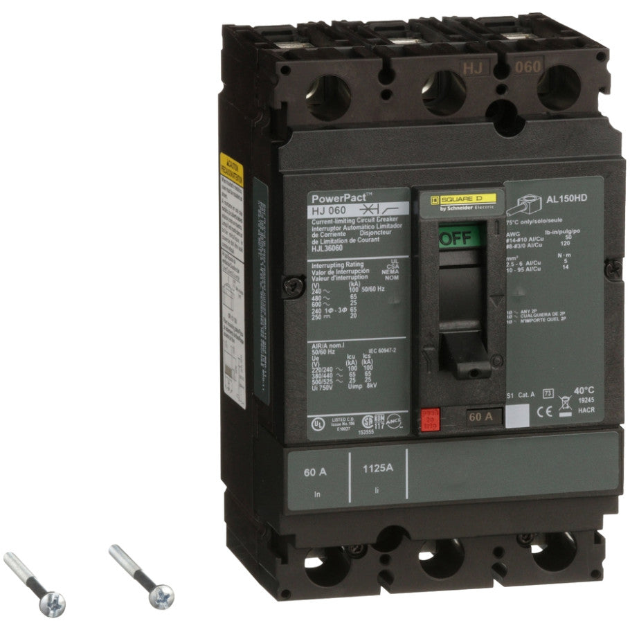 PowerPact Molded Case Circuit Breaker, H-Frame, Thermal Magnetic, Unit Mount, 25kA, 600 Vac/250 Vdc, 3-Pole, 60A