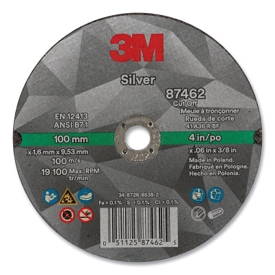 3M 051125-87462 Silver Cut-Off Wheel, Precision Shaped Ceramic, 4 in dia, 0.375 in arbor, 36+ Grit, Center Hole