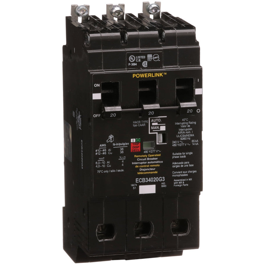 Circuit Breaker, PowerLink, 20A, 3 pole, 480Y/277VAC, 14kA, remotely operated, bolt on mount  TAA