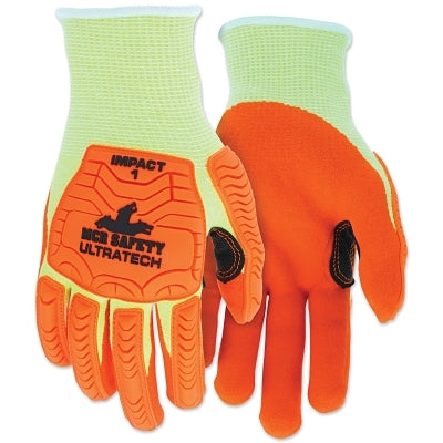 UT1955 UltraTech A5/Impact Level 1 Mechanics Knit Glove, Hi-Viz Lime; Orange