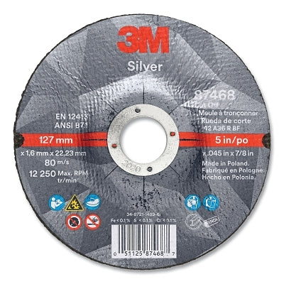 3M 051125-87468 Silver Cut-Off Wheel, Precision Shaped Ceramic, 5 in dia, 0.875 in arbor, 36+ Grit, Center Hole