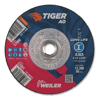 Tiger AO Cutting Wheel, 4-1/2 in dia x 3/32 in Thick, 5/8 in-11 UNC Arbor, A36S, Type 27