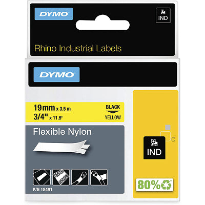 Industrial Rhino Flexible Nylon Label Cartridge, 3/4 in W x 11.5 ft L, Black Print on Yellow Background