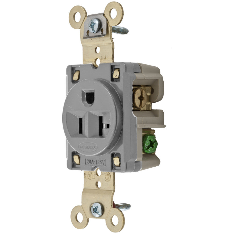 HBL Straight Blade Receptacle, Single, Extra Heavy Duty, 20A, 125V, 2P3W, Gray