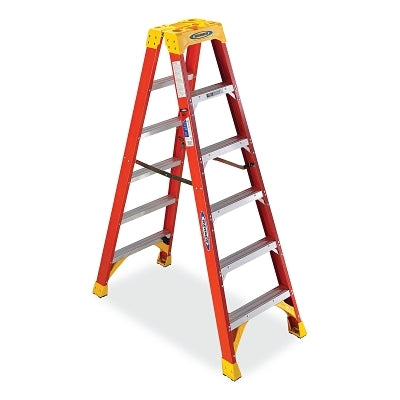 Fiberglass Twin Stepladder, T6206, Type IA, 6 ft L, 10 ft Reach, 23.4 in W, 300 lb Load Capacity Per Side, Orange
