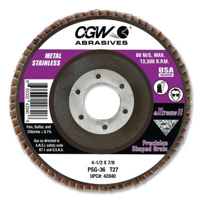 PSG eXtreme II Flap Disc, 4-1/2 in dia, 40 Grit, 7/8 arbor, 13300 RPM, Type 27