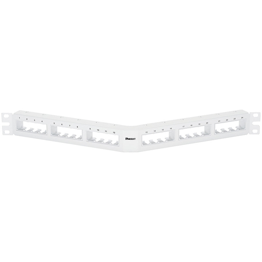 PanNet Patch Panel, Cold Rolled Steel, 24-Port, 1 RU, Angled, Flush Mount, Unshielded, White, 1.72 H x 19 W x 0.79 D in.