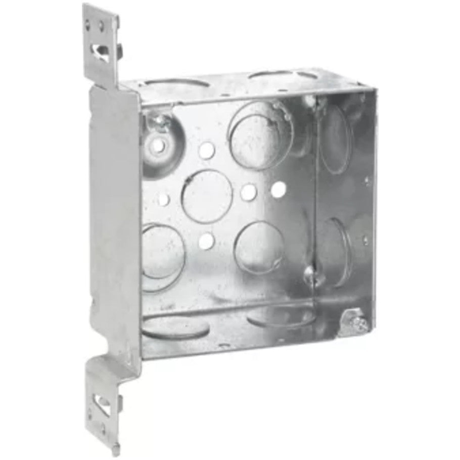 4 Square Box, Steel, Welded, 2-1/8 in. D, (6) 3/4 in. Side KO, (2) 1/2   (2) 1/2 3/4 in. E Bottom KO, VMS Bracket