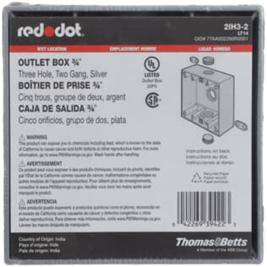 Red-Dot Weatherproof Box, Aluminum Die Cast, (3) 3/4 in. Threaded Hubs, 2-Gang, 2-1/16 in. Deep