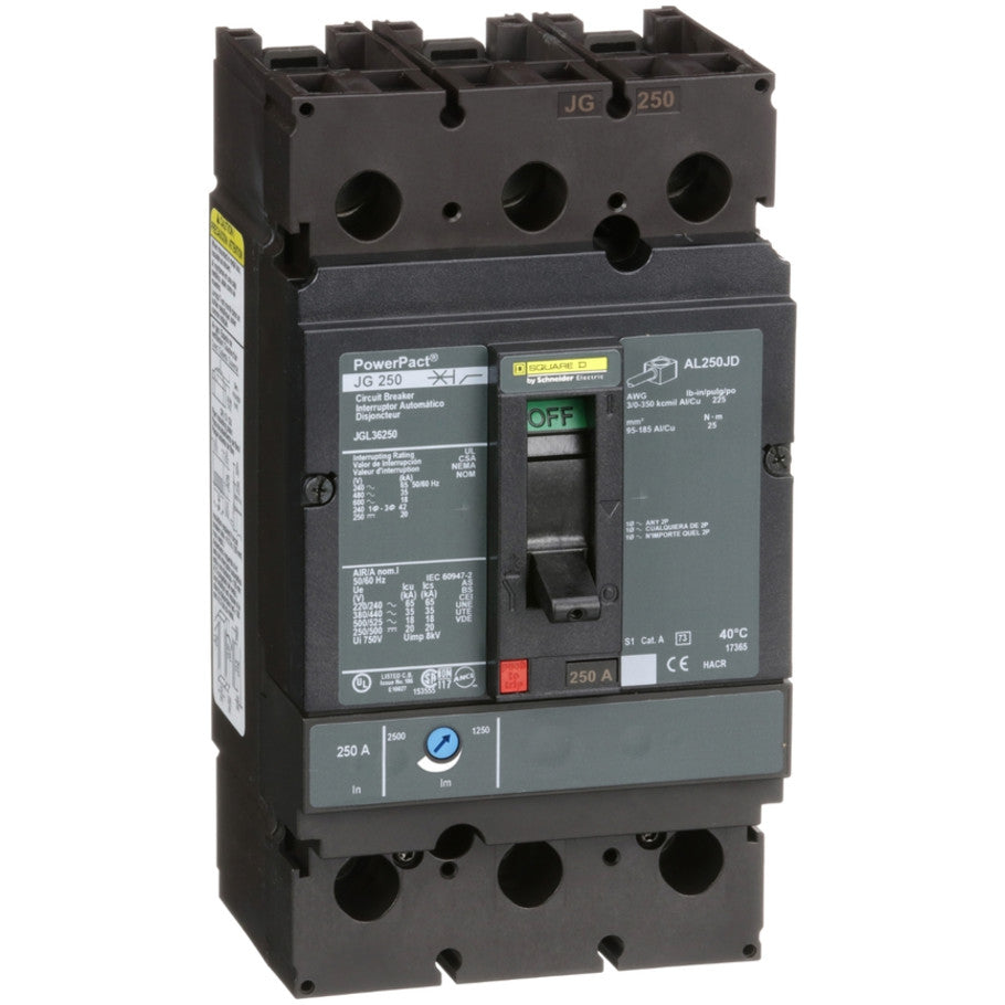 PowerPact Molded Case Circuit Breaker, J-Frame, Thermal Magnetic, Unit Mount, 18kA, 600 Vac/250 Vdc, 3-Pole, 250A