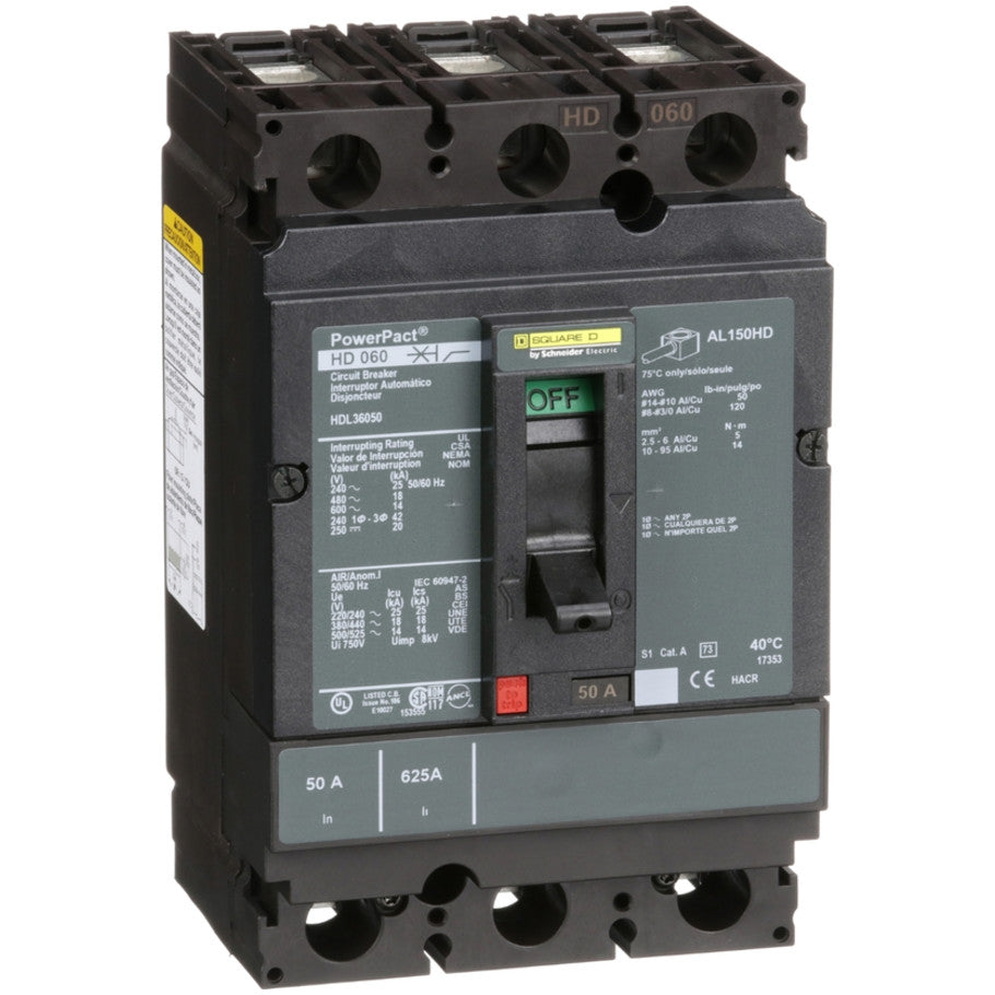 PowerPact Molded Case Circuit Breaker, H-Frame, Unit Mount, 14 kA, 600V, 3-Pole, 50A