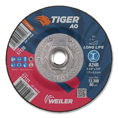 Tiger AO Grinding Wheel, 4-1/2 in dia x 1/4 in Thick, 5/8 in-11 UNC Arbor, A24R, Type 27