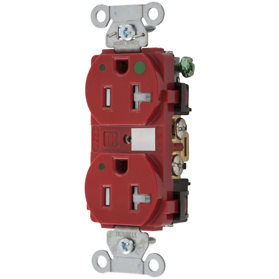 Hubbell-PRO Duplex Receptacle, Hospital Grade, Tamper-Resistant, Power Indicating LED, 20A, 125V, 2P3W, Smooth Face, Red