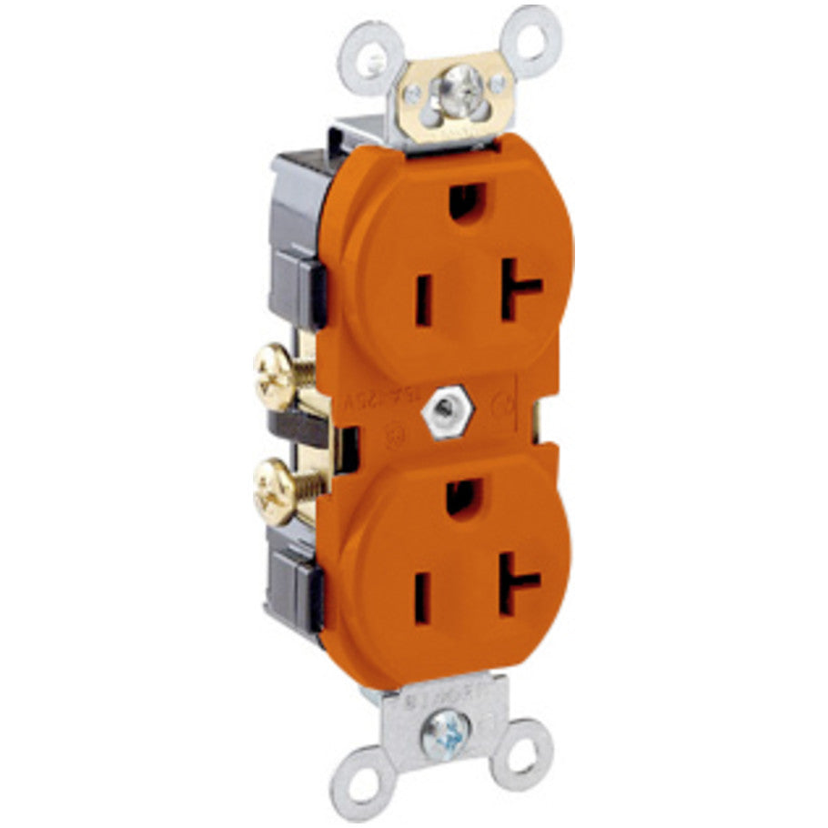 Straight Blade Duplex Receptacle, Narrow Body, 20A, 125V, 2P3W, NEMA 5-20R, Self-Grounding, Side Wired, Orange