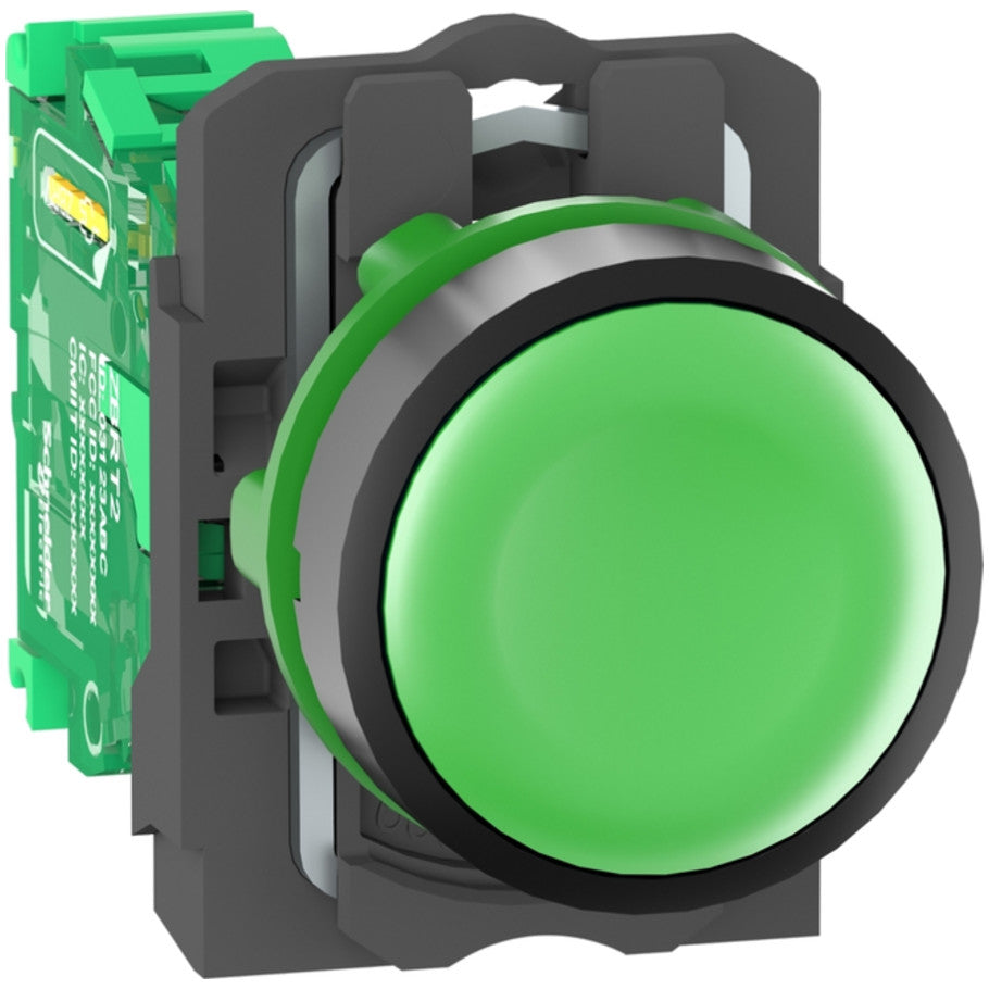 Wireless and batteryless transmitter, Harmony XB5R, push button, plastic, green, 22mm, spring return