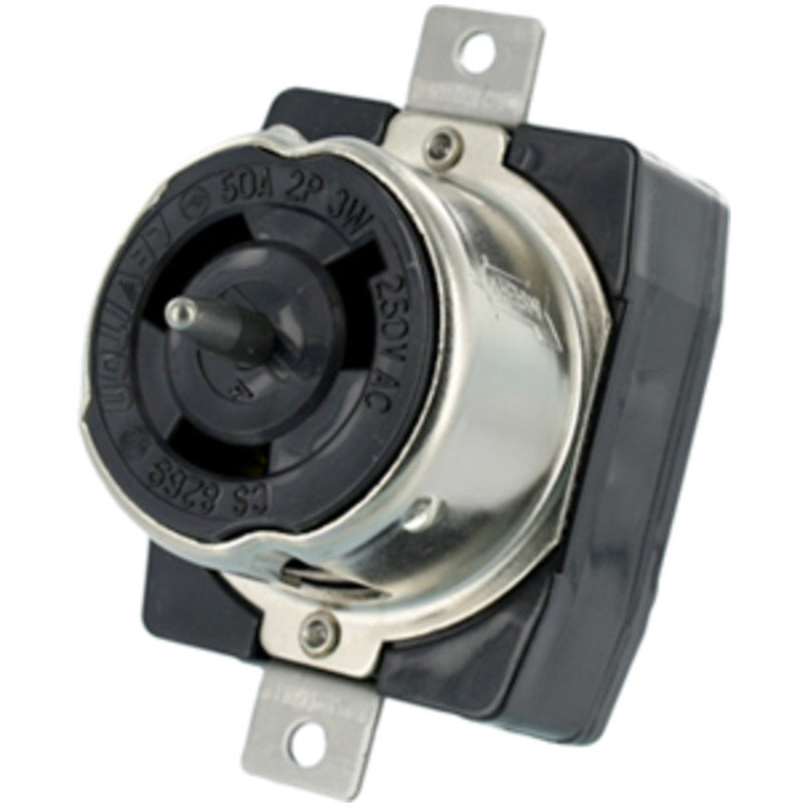 Black and White Flush-Mount Locking Receptacle, 50A, 2P3W, Nylon, 250V