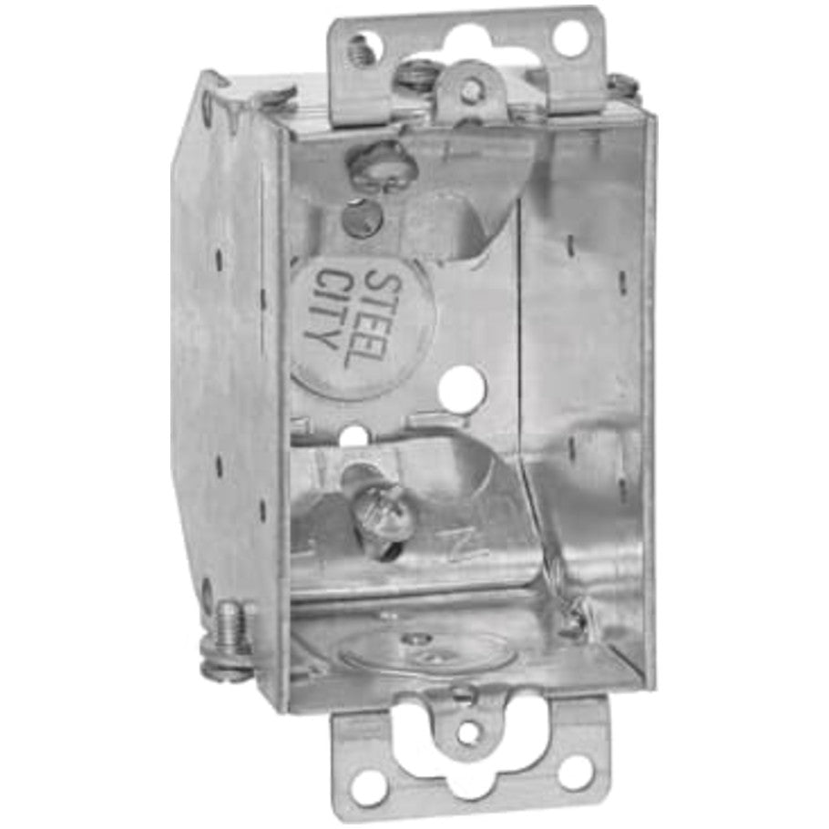 3x2 Switch Box, Gangable, Steel, 2-1/4 in. D, (2) 1/2 in. Side KO, (1) 1/2 in. Bottom KO, Mounting Ears, (2)C-1 Clamps, Old Work