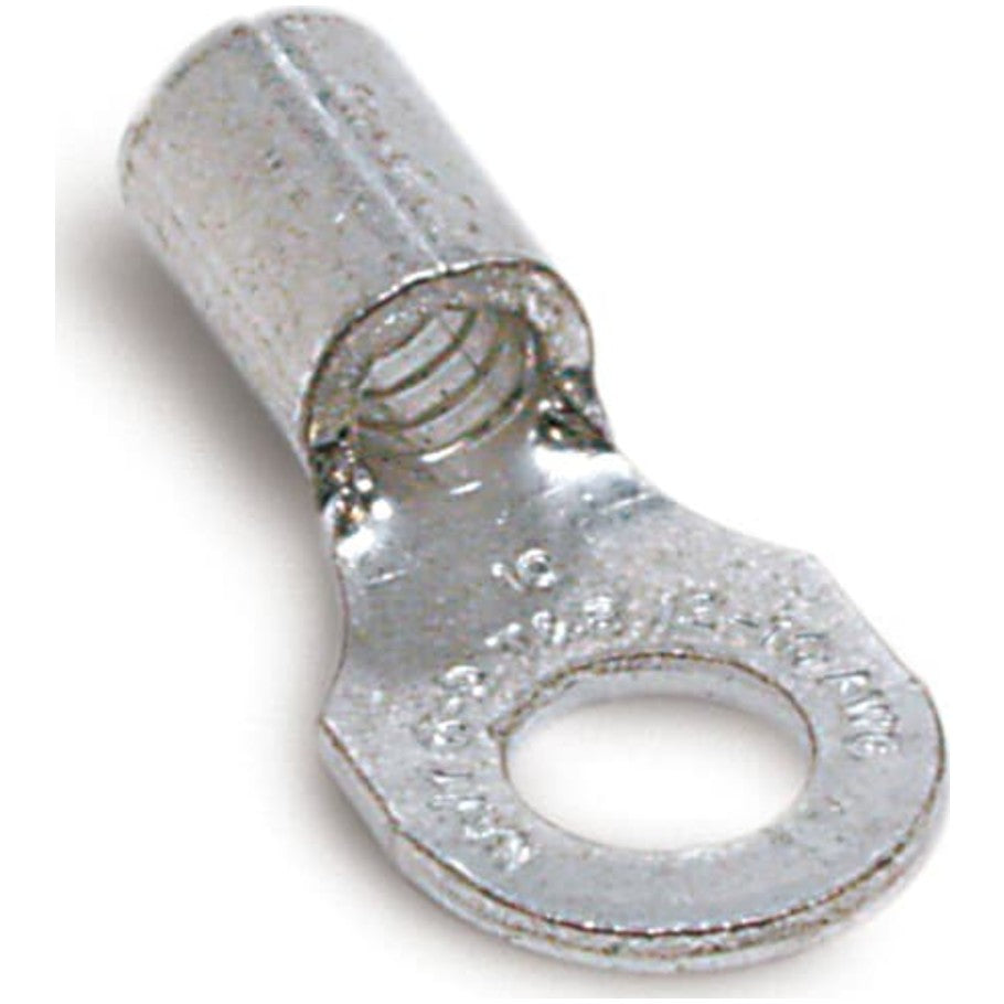 Non-Insulated Ring Terminal, Length .75 Inches, Width .31 Inches, Bolt Hole  10, Wire Range  18- 14 AWG, Copper, Tin Plated