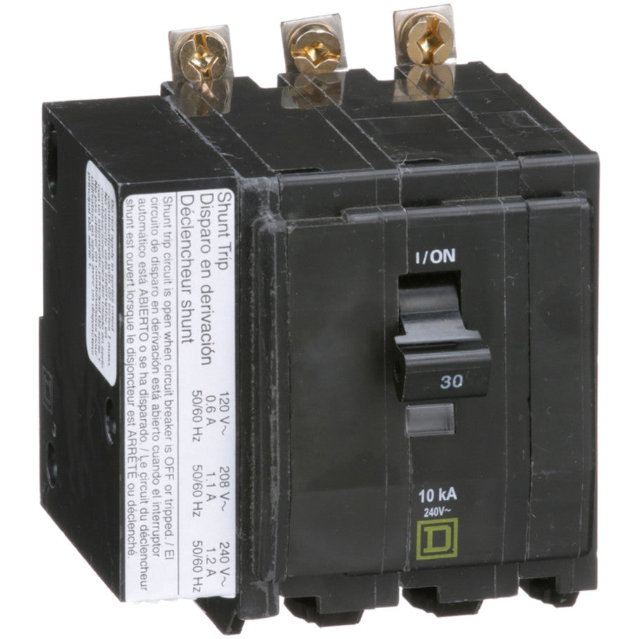 QOB Miniature Circuit Breaker, Bolt On, 3 Pole, 30A, 120/240V, 10kA, Shunt Trip