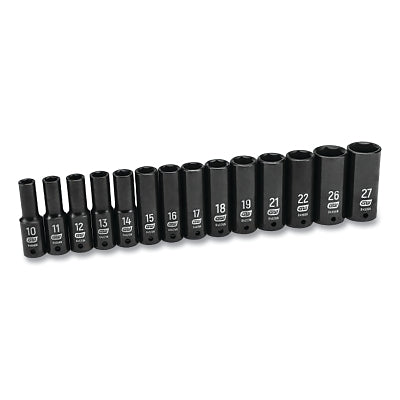 Impact Socket Set, 1/2 in Dr, 6-point, Metric, 10 mm to 27 mm, 14-Pc Deep Length, Incl Blow Mold Case
