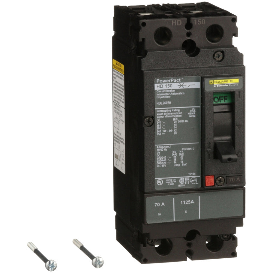 PowerPact Molded Case Circuit Breaker, H-Frame, Unit Mount, 14 kA, 600V, 2-Pole, 70A
